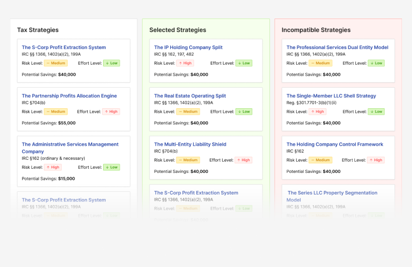 FirmAura Tax Strategy Puzzler showing AI-powered tax planning with IRS code references